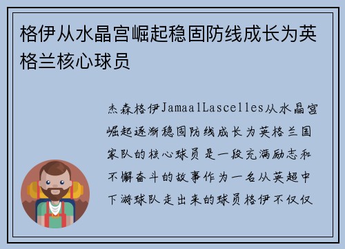 格伊从水晶宫崛起稳固防线成长为英格兰核心球员
