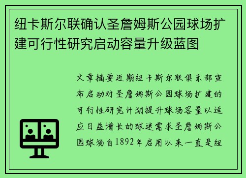 纽卡斯尔联确认圣詹姆斯公园球场扩建可行性研究启动容量升级蓝图 纽卡斯尔联确认圣詹姆斯公园球场扩建可行性研究启动容量升级蓝图